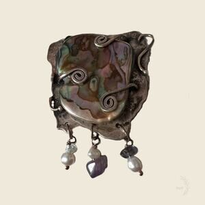 Studio Artisan Abalone Shell Brooch Amethyst Pearl Crystal